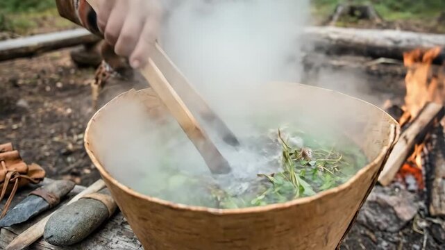 Indigenous person using wooden tongs to place a hot stone into a birch bark container full of water and natural ingredients, demonstrating an ancient outdoor cooking technique