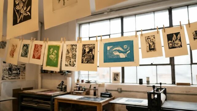 Art studio workshop with linocut prints hanging to dry, printing presses, ink and tools on worktables, capturing the hands-on craft and creative process of printmaking