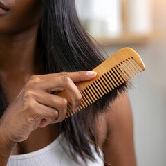 Woman Combing Long Black Hair with Wooden Comb - Close-up Beauty Portrait