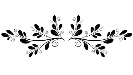 A symmetrical black floral ornament with swirling leaves and tendrils, perfect for decorative purposes.