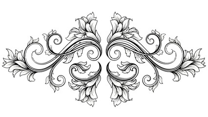 Elaborate black and white symmetrical floral scroll design with intricate leaves and swirling patterns, a classic decorative element.