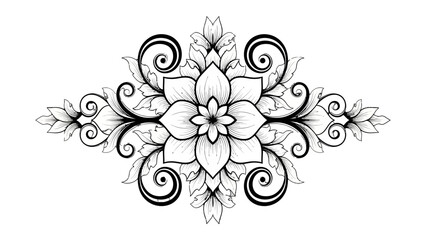 Intricate black and white symmetrical floral design with swirling patterns and leaves, perfect for decorative elements or tattoo art.
