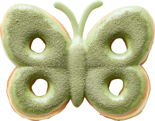 Artistic butterfly shaped food photography featuring cute donut creation in green color with sweet sugar coating. Elements on transparent background concept.