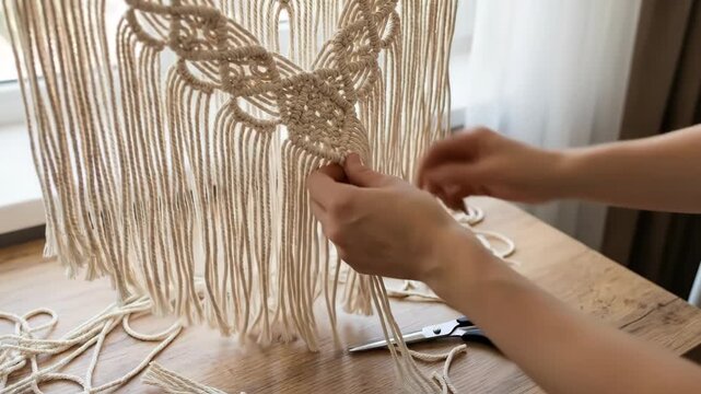 Hands trimming cotton threads to finish a handmade macrame wall hanging, close-up of diy knotting and cutting in a cozy bohemian home studio for stylish textile decor