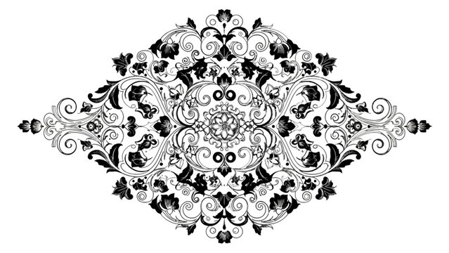 Intricate black and white ornamental floral design with symmetrical patterns and swirling elements.