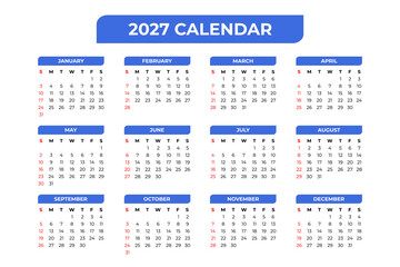 2027 Basic Calendar in White Background