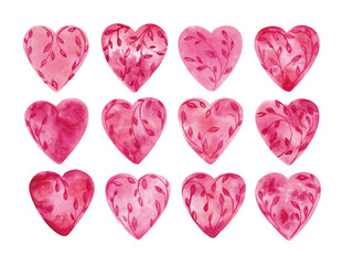 Valentines hearts set. Pink hearts hand drawn with watercolor. Romantic collection of ornated hand painted hearts. Valentine's day clip art 