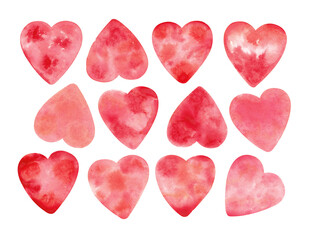 Red valentines hearts set. Cute hearts hand drawn with watercolor. Romantic collection of ornated hand painted hearts. Valentine's day clip art 