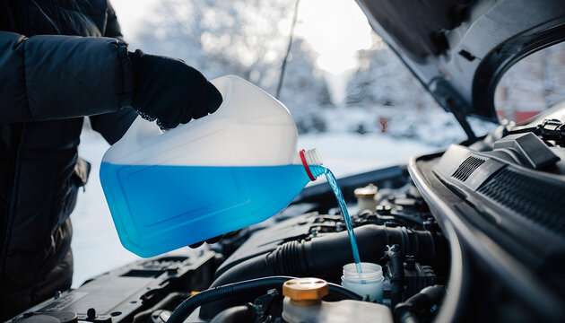 Pouring Blue Antifreeze into a Car Engine in Winter.