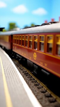 Red and Gold Model Train Rolling Through a Station