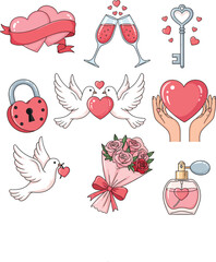 Set of romantic icons for valentines day doves, hearts, key, lock, champagne, perfume, ribbon, and bouquet of roses