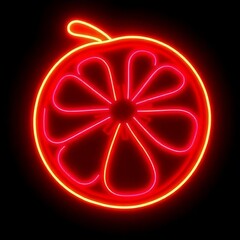 Vibrant red and orange neon light citrus fruit slice sign on a dark background