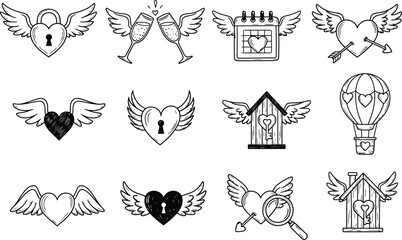 Collection of hand drawn winged heart icons for valentines day and love concepts