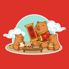 Capybara Family Celebrating Chinese New Year with Festive Traditions