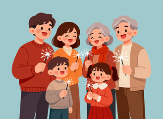 Happy Family Celebrating with Sparklers. Simple cartoon flat illustration