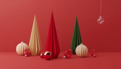 Minimalistic holiday-themed digital illustration set against a bold red background. Include three cone-shaped paper trees. Surround the trees with Christmas ornaments.