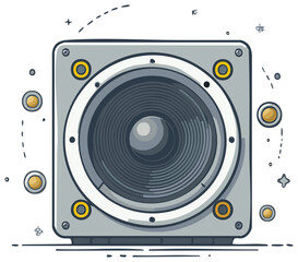 Fototapeta premium Front view of a square audio speaker with a large cone and metallic accents