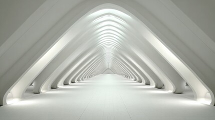 Obraz premium Futuristic Minimalist Hallway Interior With Smooth White Surfaces and Vanishing Point Perspective in a Modern Building Setting