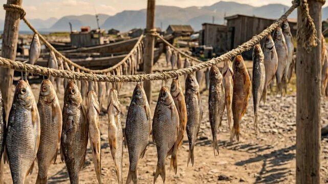 Preserved fish drying on a rope line under bright sun, with rustic wooden boats and seaside village buildings along a coastal bay, evoking traditional fishing life and preservation