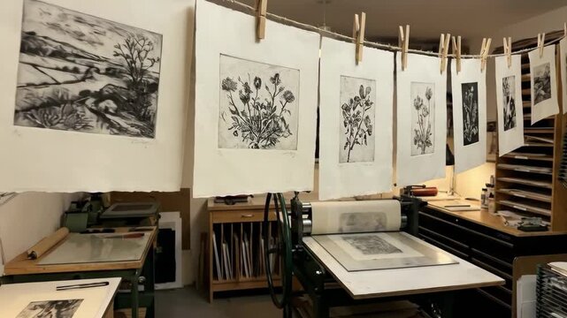 Art prints drying on a string in a traditional printmaking studio, showing the creative process and artisanal craftsmanship in a well-equipped workshop