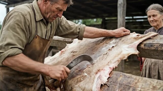 Man scraping a deer hide on a wooden beam, preparing rawhide for leather production, applying traditional methods with a watchful woman nearby in a rustic outdoor setting