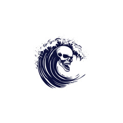 Vintage black and white illustration of a human skull merging with a powerful ocean wave, hand drawn style vector