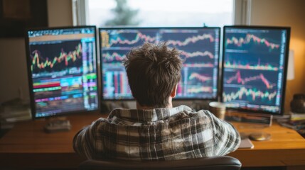 A person sits at a desk in a home office facing three computer screens filled with stock market graphs and data. A coffee cup is placed nearby as the day progresses.