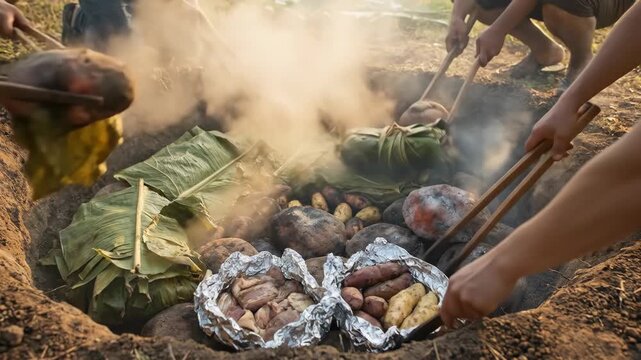 People carefully placing and arranging food items, including root vegetables and meat wrapped in foil, into a steaming hangi earth oven for a traditional cooking experience