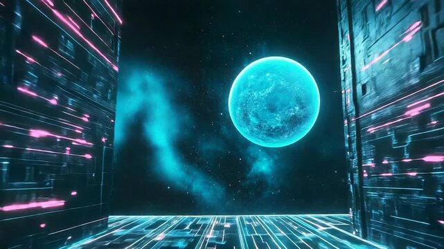 Digital tunnel leading to a glowing alien planet