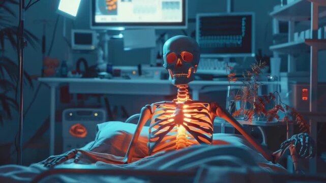 Video A skeletal figure sits on a bed in a cozy room, perfect for use as a symbol of mortality or a spooky prop