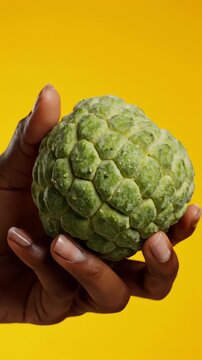 Person Holding a Sugar Apple or Sweetsop Against Yellow Background