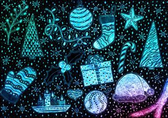 Christmas doodle pattern with neon blue glowing winter elements on black background, hand drawn texture