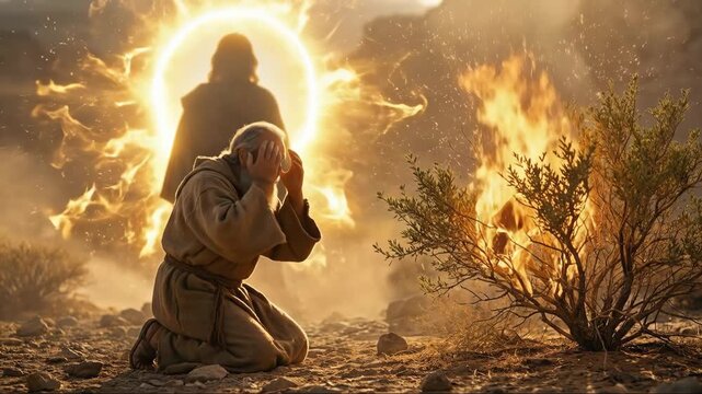 Man kneeling, receiving light and revelation from a divine figure next to a burning bush in a desert landscape for spiritual enlightenment.