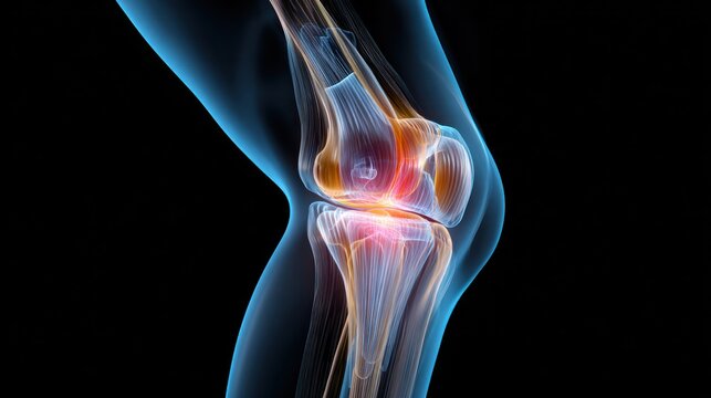 Illuminated Knee: A detailed medical rendering showcases the intricate structures of a knee joint. The vibrant use of color highlights various elements such as bones, cartilage.