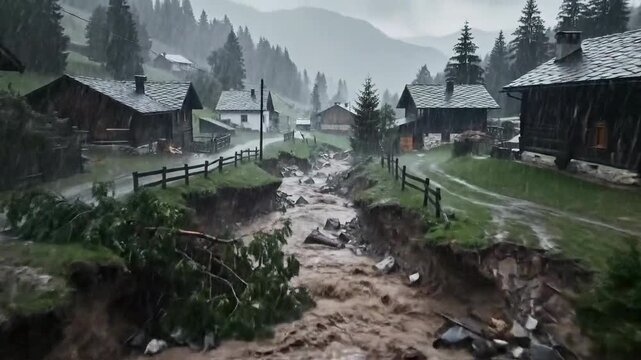 Dramatic Floodwater Rushes Through Mountain Village after Heavy Rainfall
