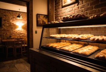 Rustic Bakery Display Case under Warm Lighting