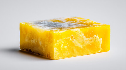 Contaminated Yellow Rectangular Block with White Residue and Bubbles on White Background