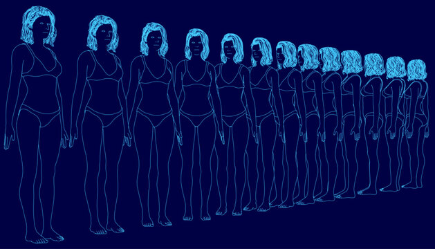 A line of women in bikinis stands against a dark blue background, modeling matching sets of bras and panties.