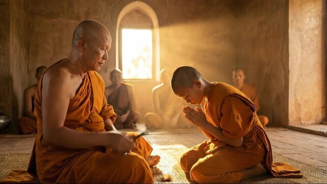 An old male monk shaves a young male initiates head, part of a sacred monastic ordination ceremony in a temple with other monks.