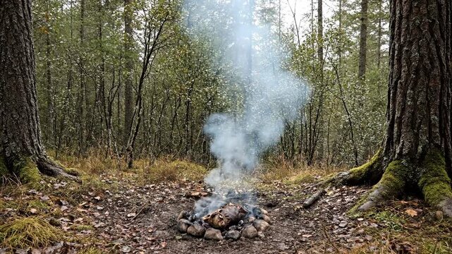 Campfire embers smoldering in a protective stone ring, sending smoke billowing upwards in a dense, green forest with tall trees and dry mossy ground, representing peaceful moments outdoors