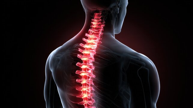 Spine anatomy: An illuminated spine showcases the intricate structure of the human spinal column, highlighting the delicate balance of the vertebral system.