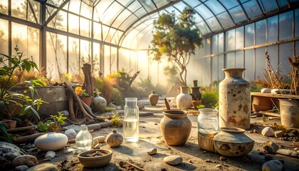 Greenhouse interior with vintage ceramics and natural elements.