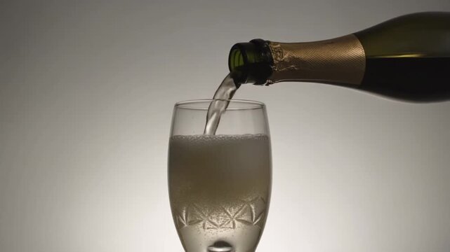 Glass engraved with the number 98. Champagne bottle fills the glass with alcohol. Celebrating milestone, anniversary or birthday