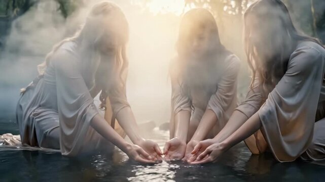 Women in flowing dresses are performing a mystical ritual, drawing hands through the misty water of a fantastical forest pond, creating ripples under a soft ethereal light