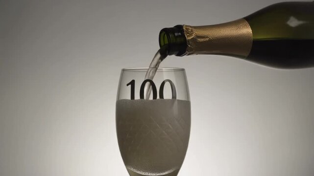 Glass engraved with the number 100. Champagne bottle fills the glass with alcohol. Celebrating milestone, anniversary or birthday