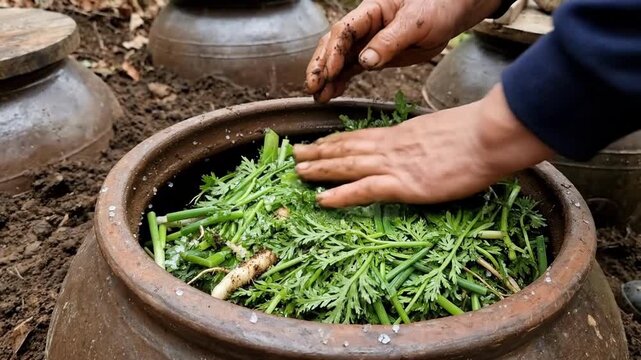 Hands of a person preparing traditional korean kimchi, carefully placing fresh herbs, roots, and vegetables into a large traditional onggi clay pot for fermentation, honoring culinary heritage