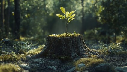 New Life Emerging from Tree Stump in Forest, Symbolizing Hope and Renewal in Nature's Cycle