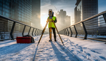 Surveyor Working with Theodolite on Snowy Bridge in Urban Environment.