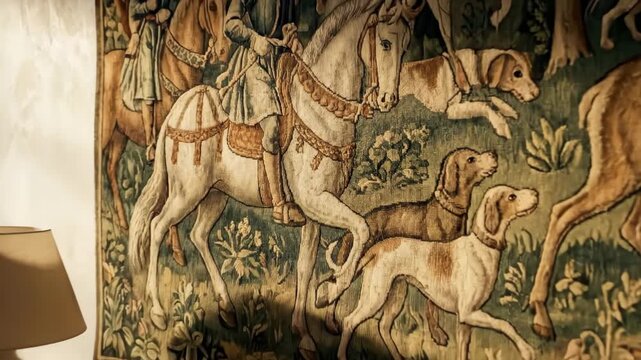 Medieval tapestry depicting a deer hunt with horsemen and hounds adorning a rustic modern living room wall above a wooden sideboard, creating a historical and elegant interior design