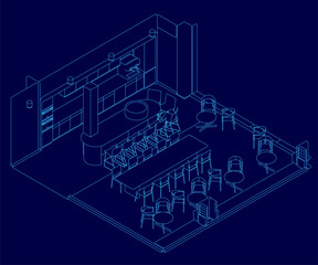 Isometric restaurant interior with symmetrical tables and chairs in a cozy dining area. The clean white contour lines stand out against a solid blue background.
